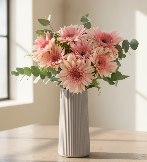 Bej Çizgili Polimer Vazoda Pembe Gerbera Çiçekleri