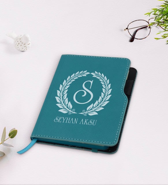 BK Gift Kişiye Özel Çelenk Baş Harfli İsimli Turkuaz Termo Deri Defter-6
