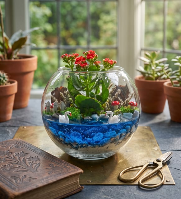 Cam Fanusta Kırmızı Kalanchoe Tasarım Teraryum