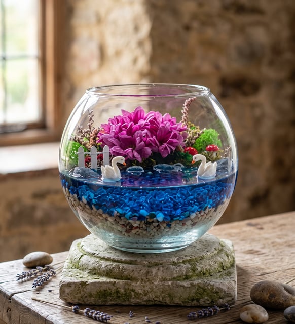 Cam Fanusta Pembe Papatya ve Kuğulu Teraryum
