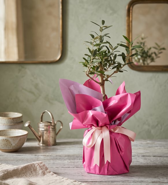 Pembe Buketli Polimer Saksıda Zeytin Ağacı Bonsai