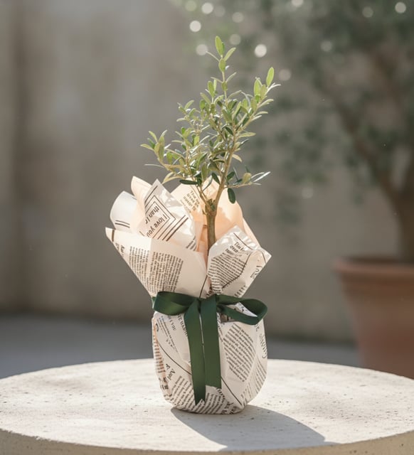 Pembe Gazete Buketli Saksıda Zeytin Ağacı Bonsai