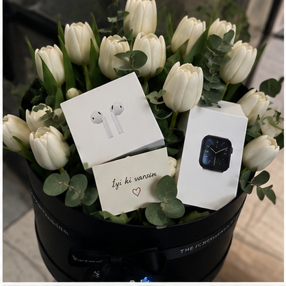 Beyaz Lale Kutusu + AirPods & Watch