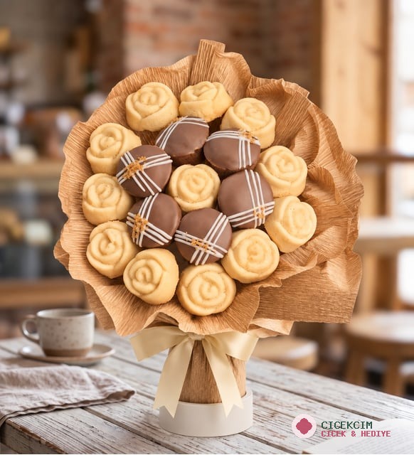 Lotus Biscoff® Süslemeli ve Beyaz Gül Desenli Kek Buketi