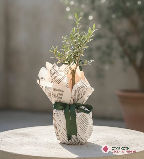 Pembe Gazete Buketli Saksıda Zeytin Ağacı Bonsai