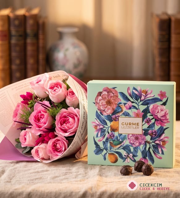 Buket Kağıdında Pembe Güller ve Gurme Lezzetler