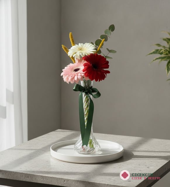 İnce Cam Vazoda Kırmızı, Beyaz ve Pembe Gerbera